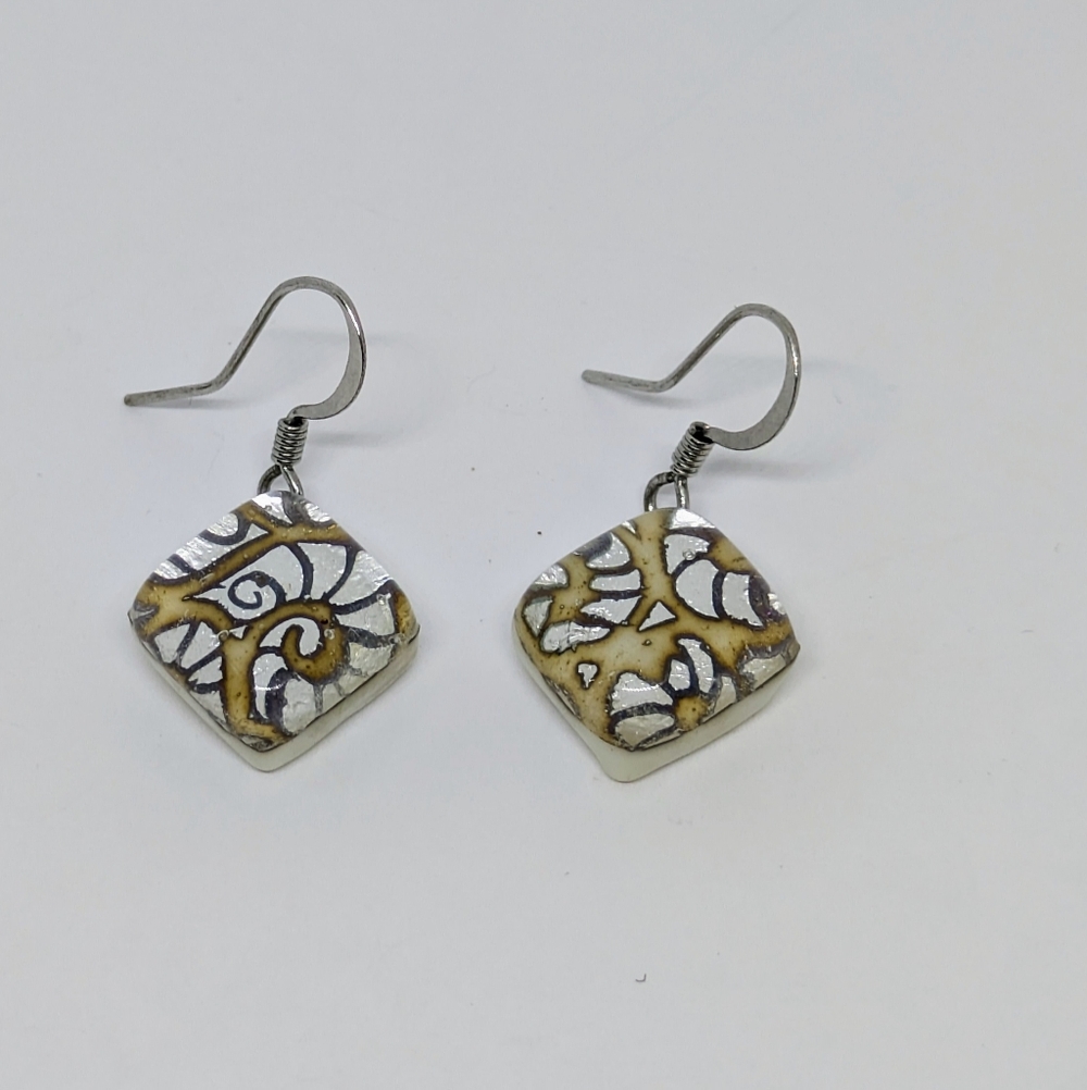 Vintage Fused Glass Dangle Earrings Silver & Pale Yellow Boho Bohemian Festival